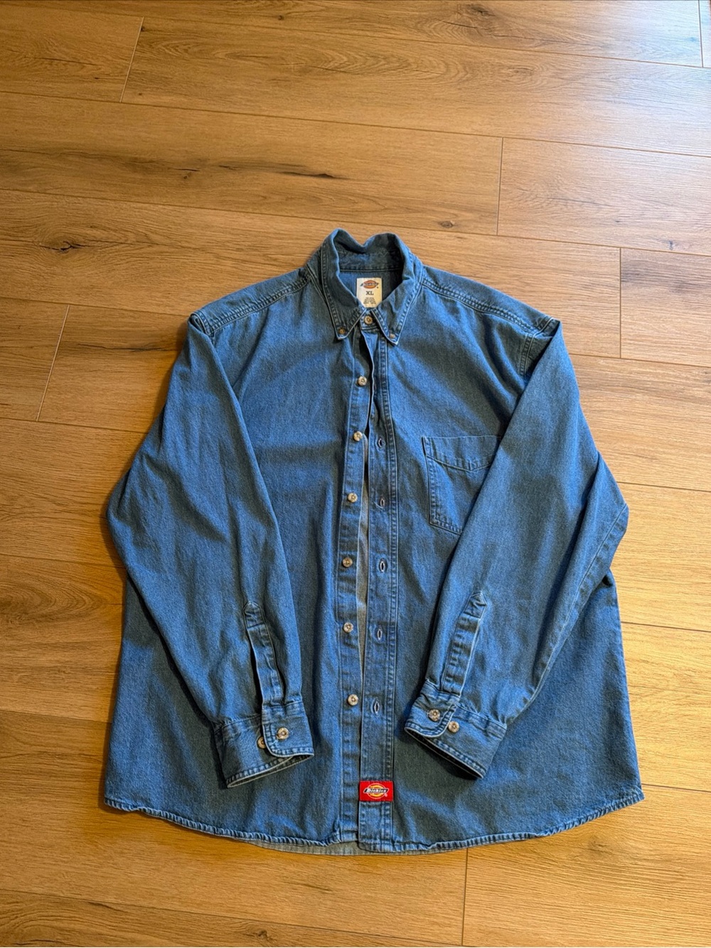 Dickies Denim Jacket Work Overshirt Men XL Blue Button Down Western Embroidered